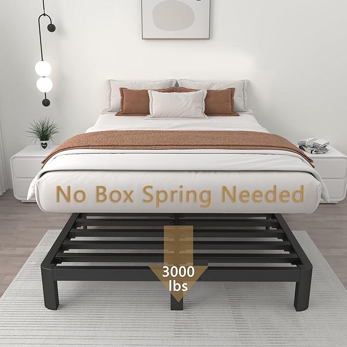 ITIMIDI 6 Inch Black Queen Bed Frame with Metal Gaskets, No Box Spring Needed, Heavy Duty Steel Slat Support, DIY Headboard, Anti-Slip Mattress Stopper, Round Corner Leg, Easy Assembly