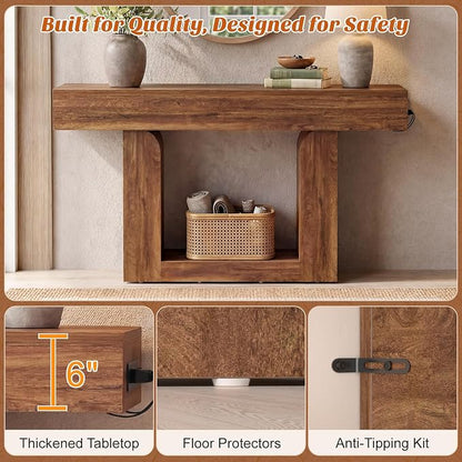 Homieasy Console Table, 47" Entryway Table with LED Lights & Charging Station, Farmhouse Wooden Sofa Table Behind Couch, Narrow Hallway Table for Living Room, Foyer, Entry, Rustic Oak