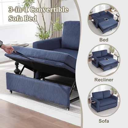 3 in 1 Folding Convertible Sleeper Sofa Bed, Pull Out Couch with Side Pockets,USB Port,Side Table,Loveseat Sofa Bed with Adjustable Backrest for Living Room Bedroom 66" Blue 2 SEAT