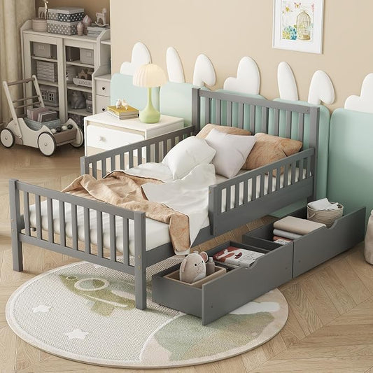 Kids Twin Size Bed Frame with Storage Drawers, Wood Twin Bed Frames for Kids, Twin Bed Frame with Headboard and Footboard for Boys Girls, No Box Spring Needed,Gray