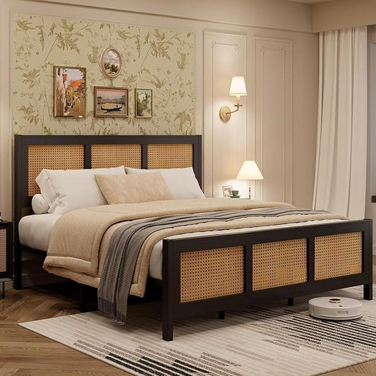 IDEALHOUSE Rattan Bed Frame with Headboard, Boho Full Size Bed Frame with Strong Metal Slats Support, No Box Spring Needed, Noise-Free Design, Black