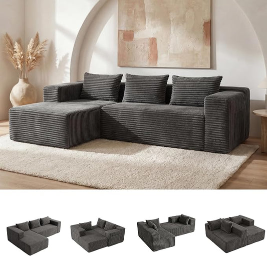 Modular Sectional L-Shaped Sofa with Deep Seat, Modern Boneless Comfy Corduroy Fluffy Couch with Side Pockets and Anti-Slip & Floor-Friendly Bottom for Living Room, No Assembly, Dark Grey