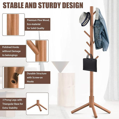 Haddockway Wooden Coat Rack Stand with 8 Hooks New Zealand Pine 3 Adjustable Coat Standing Tree Easy Assembly for Coats, Hats, Scarves and Handbags for Entryway, Hallway, Bedroom, Office,2 PCS