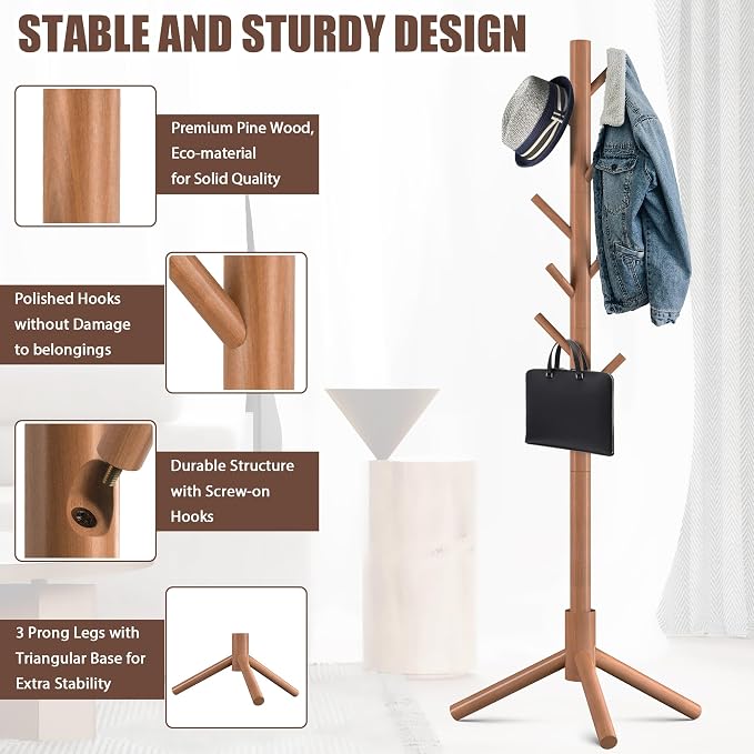 Haddockway Wooden Coat Rack Stand with 8 Hooks New Zealand Pine 3 Adjustable Coat Standing Tree Easy Assembly for Coats, Hats, Scarves and Handbags for Entryway, Hallway, Bedroom, Office
