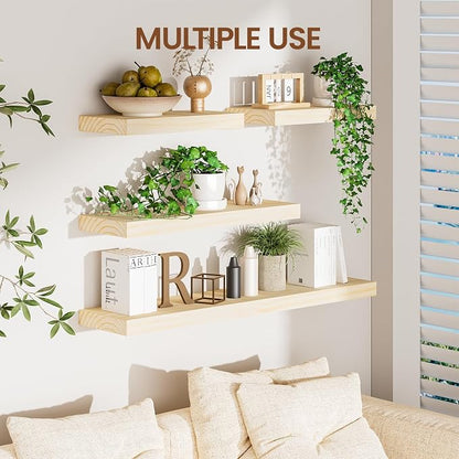 Heimlove Unfinished Wood Floating Shelves, Pine Shelves for Wall Set of 2, Wall Mounted Rustic Wood 8 Inch Deep Floating Shelf with Invisible Brackets for Bedroom Kitchen Living Room - Natural, 16x8