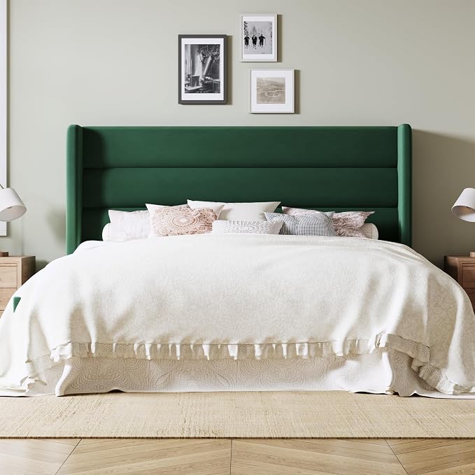 Allewie King Size Platform Bed Frame with Velvet Upholstered Wingback Headboard, No Box Spring Needed, Strong Wooden Slats, Under Bed Storage Space, Modern Mattress Foundation, Easy Assembly, Green