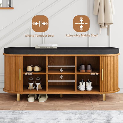 DHH 2-Tier Storage Bench,Wide Shoe Bench with Thickened Padded Seat Cushion, Mid Century Modern Fluted Sliding Door and Adjustable Shelf, for Entryway, Living Room, Bedroom (Yellow Walnut, 43.3“)