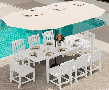 SERWALL 10-Piece Patio Dining Sets with 15FT Patio Umbrella, White | 60" - 83" Expandable Outdoor Dining Table and 8 HDPE Chairs, All Weather HDPE Outdoor Furniture Set