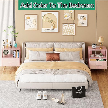 Aenuert Night Stand with Charging Station, Pink Kids Nightstand with Drawer, 2-Tier Nursery Bedside Table with USB Ports and Outlets, End Table for Small Space, Living Room, Bedroom