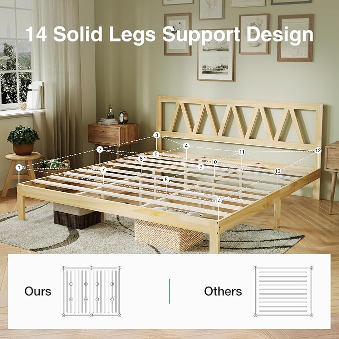 Novilla 12inch King Bed Frame Wooden King Bed Frame and Headboard, Solid Wood King Size Bed Frame with Headboard, No Box Spring Needed, Easy Assembly, Pine