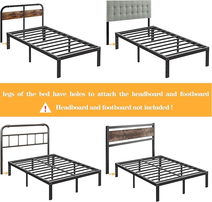 Full Size Bed Frame 16 Inch Tall Heavy Duty Metal Platform Bed Frame, Sturdy Steel Frame,No Box Spring Needed,Noise-Free,Easy Assembly