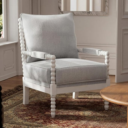 Morden Fort Linen Fabric Spindle Accent Chair with Wood Frame, French Style Accent Chairs with Padded Spring Seat and Armrest Pads, Brushed Base for Living Room Bedroom Farmhouse Office Balcony