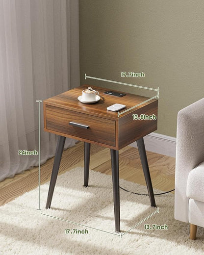 HAIOOU Mid Century End Table with Charging Station, Modern One Drawer Nightstand Side Table with Premium Matte Black Handle and Pine Wood Legs for Home Bedroom Living Room