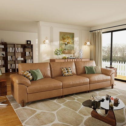 SITJOY Large Cloud Couch, 118" Wide 3 Seater Sofa, Faux Leather in Brown | Pet-Friendly Scratch-Resistant Leather Sectional Sofas for Living Room, Deep Seat Wide Couch