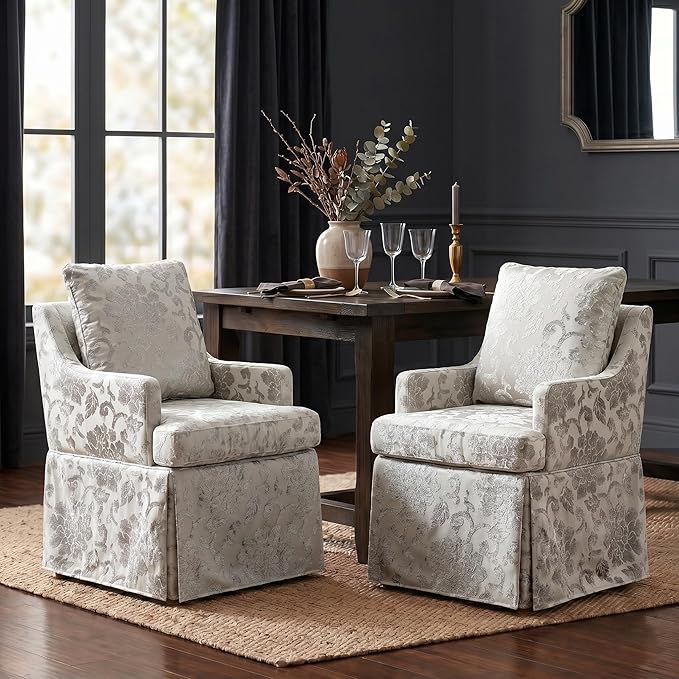 UVV Upholstered Dining Chairs, Modern Jacquard Kitchen Chair Dining Room Chair with 4 Casters, Linen Armchair for Bedroom Reading Room Living Room, Silvery White
