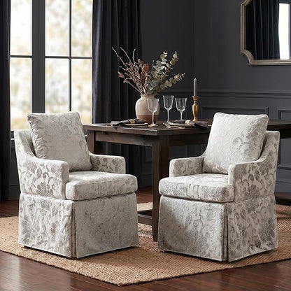 UVV Upholstered Dining Chairs, Modern Jacquard Kitchen Chair Dining Room Chair with 4 Casters, Linen Armchair for Bedroom Reading Room Living Room, Silvery White