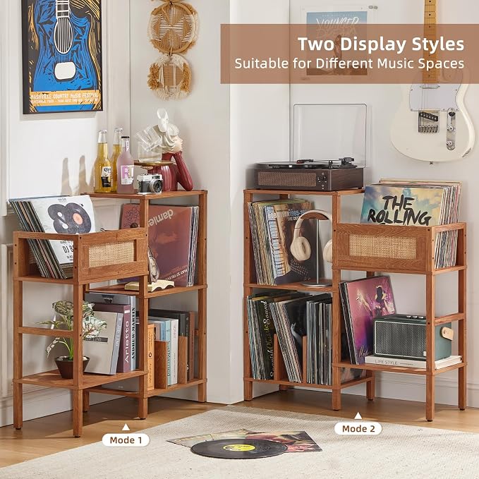 LELELINKY Record Player Stand, Brown Wood Record Holder with Vinyl Storage Holds up to 300+ Albums, 3-Tier Rattan Media Table with Vinyl Display Shelf, Record Storage Cabinet for Living Room