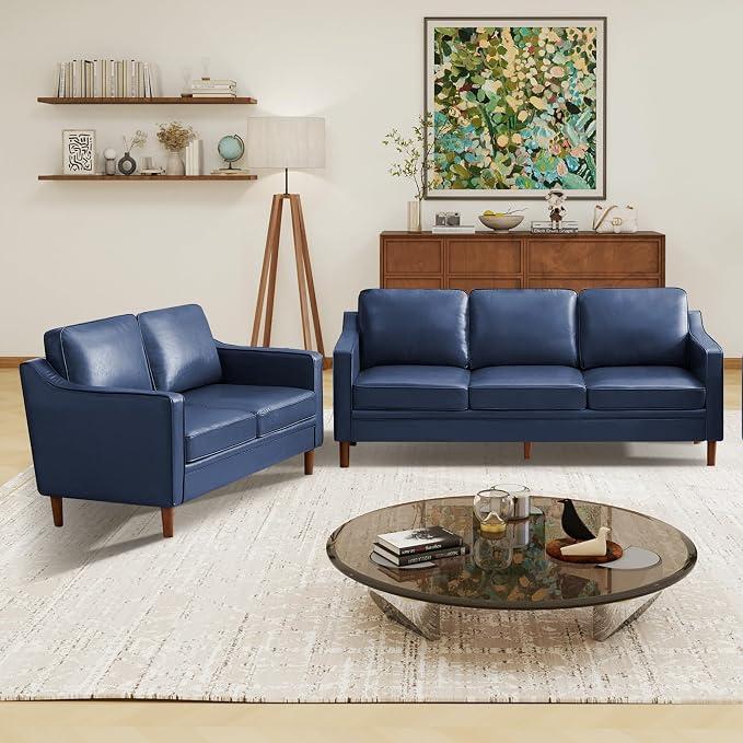 Kingfun Couch Sets for Living Room, 3 Seater Couch and Loveseat, Mid Century Modern Sofa Set, Faux Leather Couch with Solid Wood Frame for Bedroom