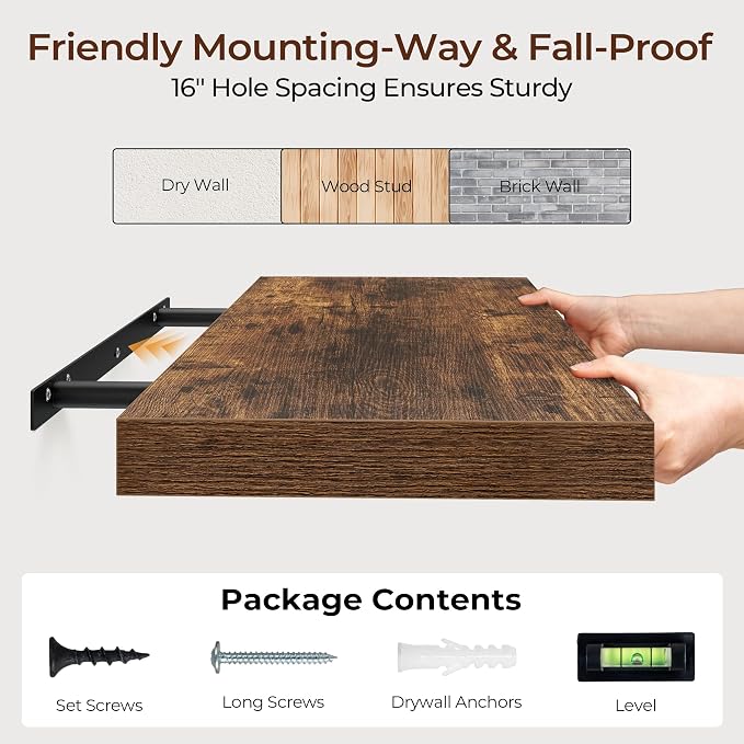Fun Memories Floating Shelves for Wall 32 Inch Set of 3, Farmhouse Floating Shelves with Invisible Heavy Duty Bracket, 10 Inch Deep Bathroom Shelves for Storage, Living Room, Kitchen, Decor, Brown
