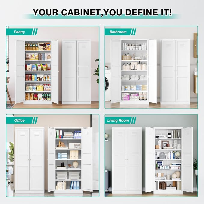 SISESOL 71" Tall Pantry Cabinet with 2 Doors and 5 Shelves,Kitchen Pantry Storage Cabinets,White Metal Storage Cabinet,Wide Deep Food Cupboard for Home,Kitchen,Dining/Living Room