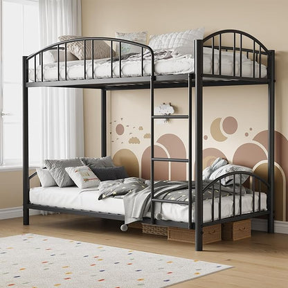 IDEALHOUSE Twin Over Twin Bunk Bed Frame, Twin Bunk Bed Frame with Heightened Arched Guardrail and Safety Ladder, Sturdy Steel Bed for School, Bedroom, Easy Assembly, Modern Black