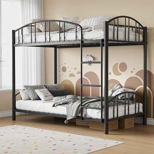 IDEALHOUSE Twin Over Twin Bunk Bed Frame, Twin Bunk Bed Frame with Heightened Arched Guardrail and Safety Ladder, Sturdy Steel Bed for School, Bedroom, Easy Assembly, Modern Black