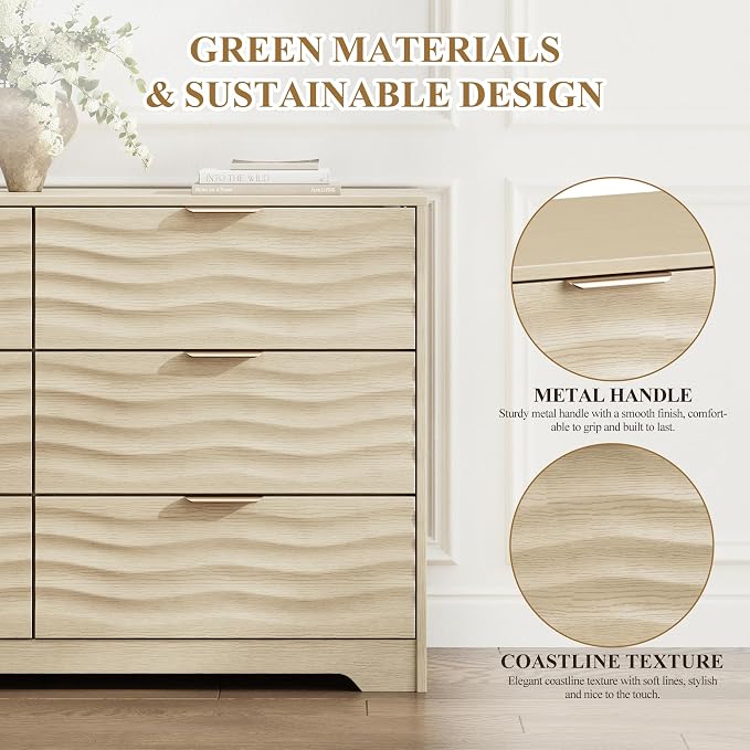 MALOL Coastline Fluted 6 Drawers Dresser for Bedroom, 48" Wide Modern Chest of TV Stand Organizers with Metal Handle, Storage Wooden Dresser Drawer for Living Room, Hallway, Closet, Natural Wood