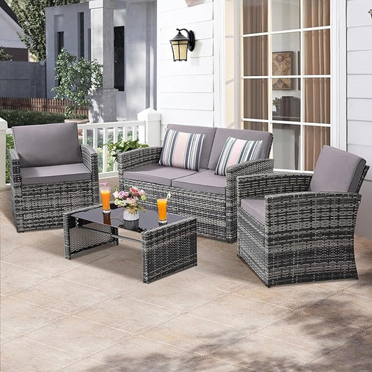 KROFEM 4-Piece Patio Furniture Set, Wicker Outdoor Rattan Sectional Sofa with Cushions and Glass Table, All-Weather Outdoor Conversation Set for Garden, Porch, Backyard, Patio, Light Grey