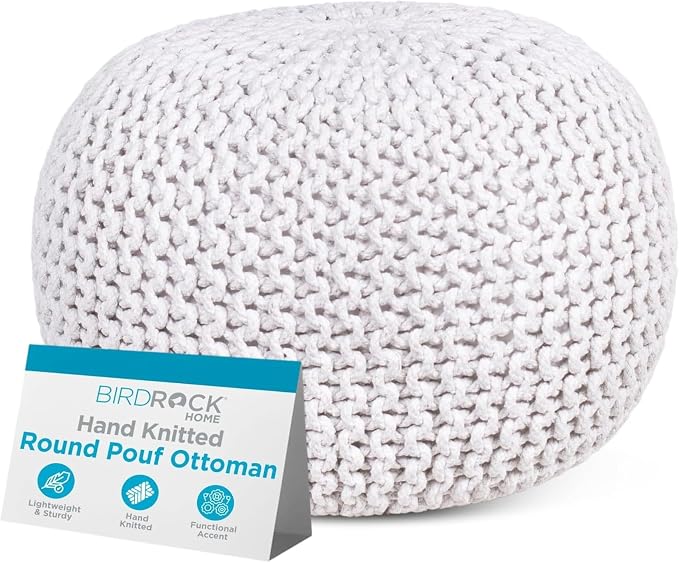 BIRDROCK HOME Round Pouf Ottoman Foot Rest - 18.5”x18.5”x15” Boho Compact Comfortable Soft Cotton Braided Foot Stool with Bean Bag Filling for Living Room, Bedroom, or Nursery (Ivory)
