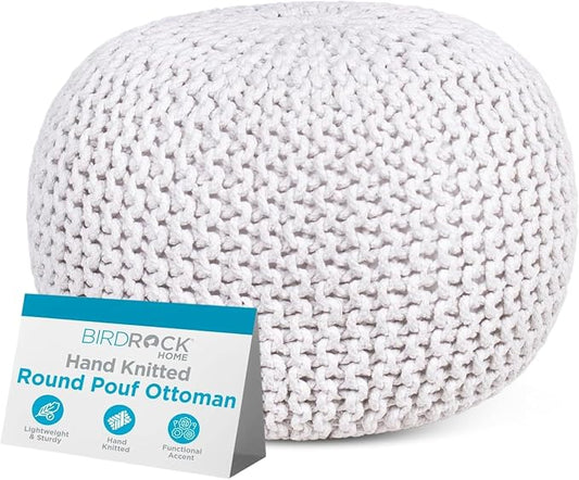 BIRDROCK HOME Round Pouf Ottoman Foot Rest - 18.5”x18.5”x15” Boho Compact Comfortable Soft Cotton Braided Foot Stool with Bean Bag Filling for Living Room, Bedroom, or Nursery (Ivory)