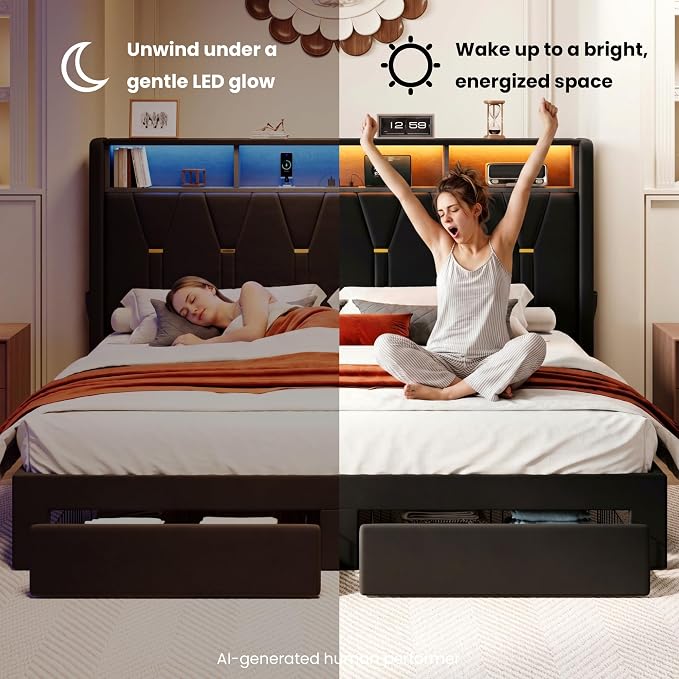 SHA CERLIN Velvet King Platform Bed Frame with 2 Storage Drawers, LED Storage Headboard with Charging Station, Wingback Upholstered, Noise Free, No Box Spring Needed, Easy Assembly, Black