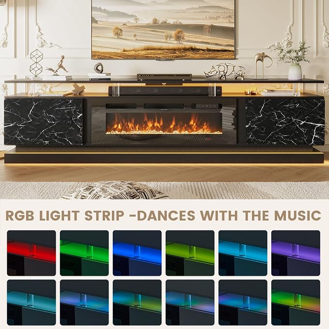 80" Fireplace TV Stand, Modern Entertainment Center for TVs Up to 90", TV Console with Storage Cabinets, Media Console for Living Room, Marble Black TV Stand and Black Fireplace