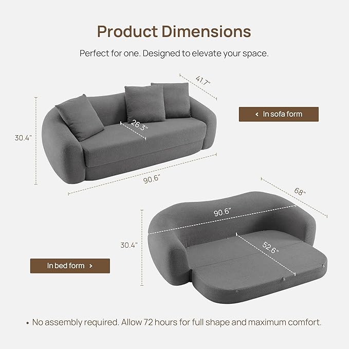 SICOTAS Curved Sofa Couch Bed for Living Room Convertible Futon Cloud Boneless Sleeper Chair Pull Out Floor Couch with Deep Seat Sofa Set Foam No Assembly Required for Bedroom Apartment, Dark Grey
