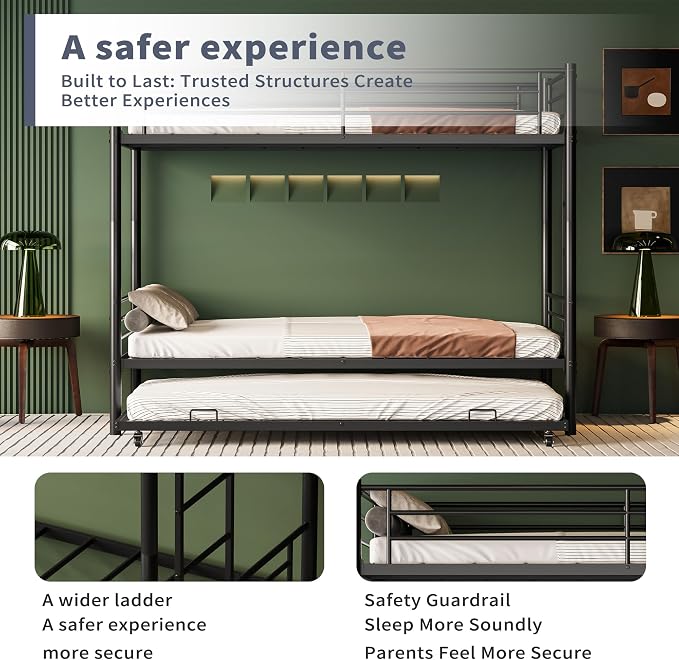 Twin Over Twin Bunk Bed Frame with Trundle,Metal Bunk Bed Bedframe with Guard Rail and Ladders for Adults,Can be Divided into 3 Beds, No Box Spring Needed,Space Saving Design