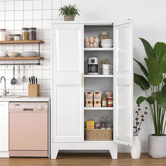 61.4" H Metal Pantry Cabinet with 3 Adjustable Shelves, Kitchen Pantry Cabinet with 2 Doors, Freestanding Food Cabinet for Kitchen, Home, Assembly Required, White