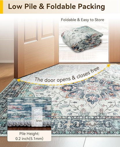 RELEANY Area Rugs Small 2'x3' Washable Non-Slip, Floral Vintage Distress Medallion Carpet for Kitchen Entryway Bathroom, Green Navy Blue White Red Teal
