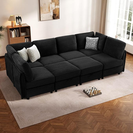 KKL Modular Sectional Sofa Bed with Storage Ottoman, 123 Inch Convertible L/U/J-Shaped Sleeper Couch Plush Wide-Wale Corduroy for Living Room, Apartment, Modern Design, Black