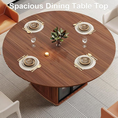 IBF 47" Round Dining Table for 4-6, Circle Kitchen Table with Storage Shelf, Circular Dining Room Tables with Fridge Space, Wood Dinner Tables for Home Kitchen, Walnut (Only Table)