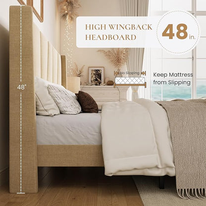 SHA CERLIN Queen Size Bed Frame with Geometric Wingback Headboard, Upholstered Platform Bed with Wooden Slats Support, 8" Under-Bed Space, No Box Spring Needed, Easy Assembly, Beige