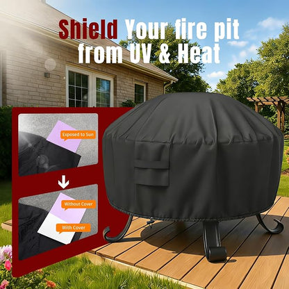 SHINESTAR Fire Pit Cover Round, Fits for 44-48 Inch Fire Pit Table, 600D Heavy Duty Fabric, Waterproof and Windproof, 48" D x 24" H, Black