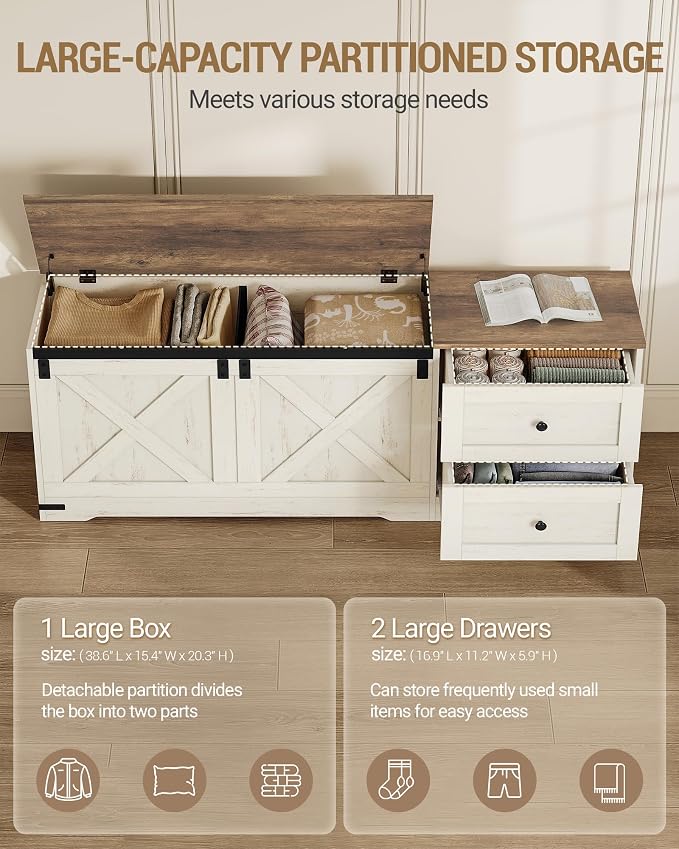 Hzuaneri Storage Chest, 58" Extra Large Storage Bench with Double Drawers, Farmhouse Style Wooden Chest Bench with Barn Door, Large Trunk for Living Room, Bedroom, or Entryway, Antique White SB15114X
