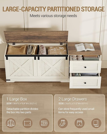Hzuaneri Storage Chest, 58" Extra Large Storage Bench with Double Drawers, Farmhouse Style Wooden Chest Bench with Barn Door, Large Trunk for Living Room, Bedroom, or Entryway, Antique White SB15114X