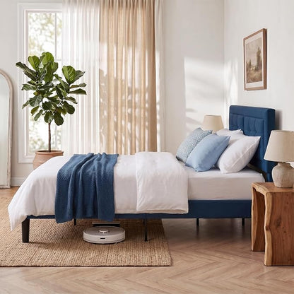 VECELO Queen Size Bed Frame, Adjustable Upholstered Button Tufted Headboard, Heavy-Duty Bedframe with Wood Slats Support, No Box Spring Needed, Aegean Blue