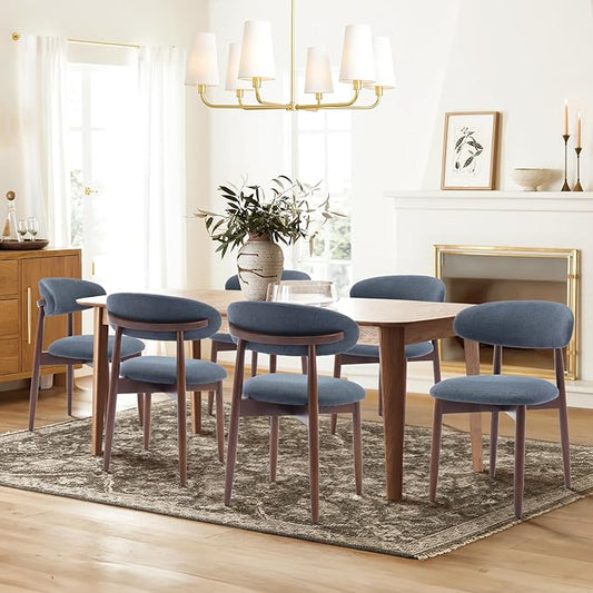 COLAMY Wooden Dining Room Chairs Set of 6, Modern Upholstered Fabric Dining Chairs, Farmhouse Kitchen Side Chair with Foot Pegs, Blue