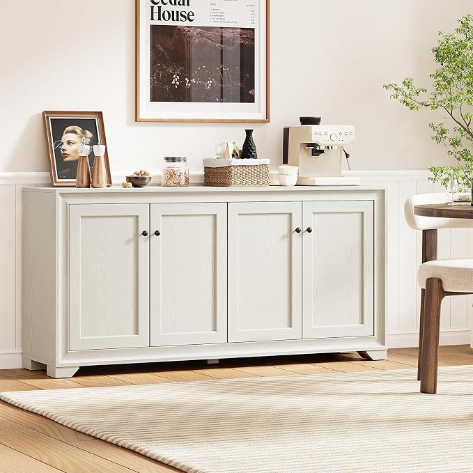ONBRILL 60" Buffet Cabinet with Storage, 4 Doors Sideboard Buffet Cabinet with Adjustable Shelves, Modern Coffee Bar Console Table for Living Room, Kitchen, Entryway, Grey