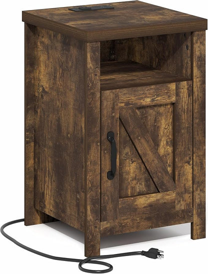Furinno Farmhouse Night Stand with Charging Station, Bedside Table, Side Table, End Table with Door, USB Ports and Outlets, for Bedroom, Closet, Dorm, Amber Oak