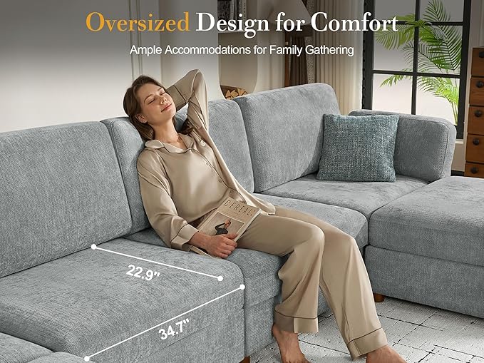Oversized Modular Sectional Sleeper Sofa Bed Cloud Couches Gray | Deep Seat Couch for Living Room, 8 Seater Luxury Comfortable Sofa with Ottoman, Solid Wood Frame, Removable Washable Cover