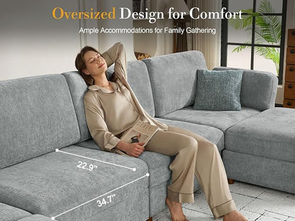 Oversized Modular Sectional Sofa V-Shaped Cloud Couches Gray | Large Deep Seat Couch for Living Room, 7-Seater Luxury Corner Sofa with Ottoman, Solid Wood Frame, Removable Washable Cover