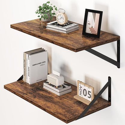Heimlove Deep Floating Shelves for Wall, 20W x 12D Wood Wall Shelves Set of 2, Wide Floating Bookshelf for Living Room, Kitchen, Office, Bedroom and Decor Storage, with Metal Bracket - Rustic Brown