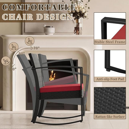 Homall Patio Furniture Set 3 Piece Resin Outdoor Bistro Set Rocking Patio Chairs with Cushions and Table for Porch, Poolside, Balcony and Yard (Red)